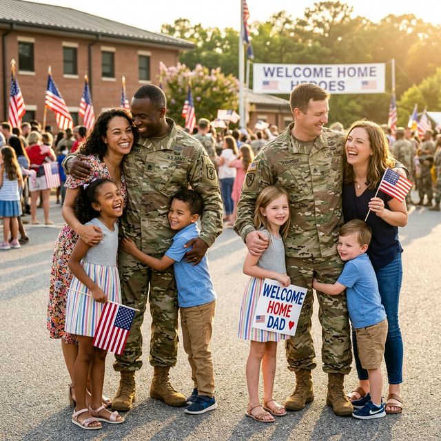 Diverse veteran families welcoming heroes home