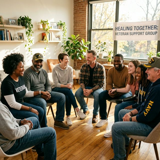 Diverse veterans supporting each other in group