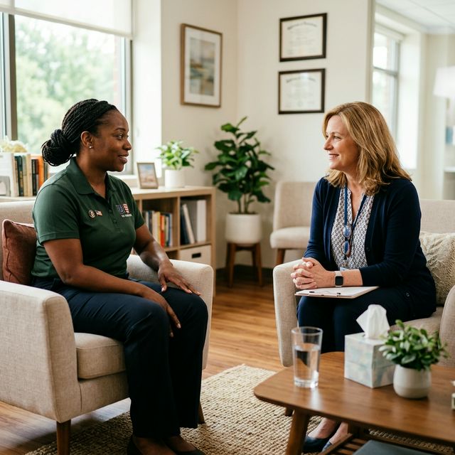 Diverse veteran in compassionate therapy session