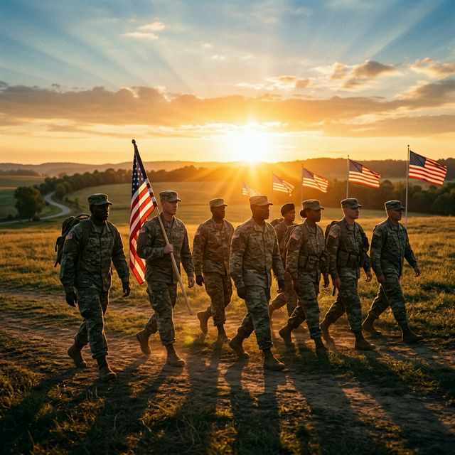 Diverse veterans walking towards sunrise